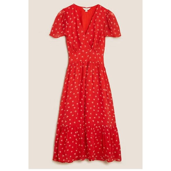 M&S x Ghost Red Heart Print Tea Dress Midi V-Neck Flutter Sleeve Tiered  Size 10 - Picture 1 of 10